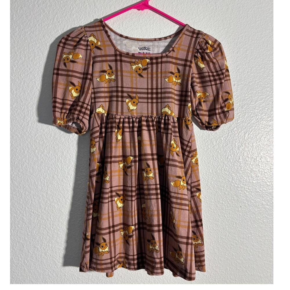 Pokemon Girl's Size M (8) Eevee Anime Manga Plaid Pink Square Neck Cotton Dress